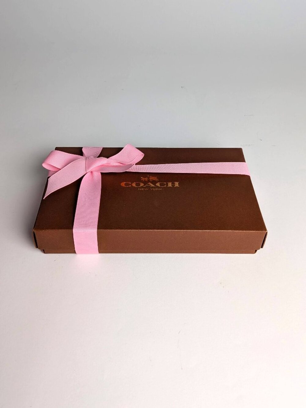 Authentic Coach Brown Wallet Gift Box Set with Pink Ribbon, Tissue & Sticker
